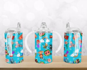 Cocomelon Characters Design for 12 oz kids tumblers with fliptop Straight & Tapered. Kids cup template png download